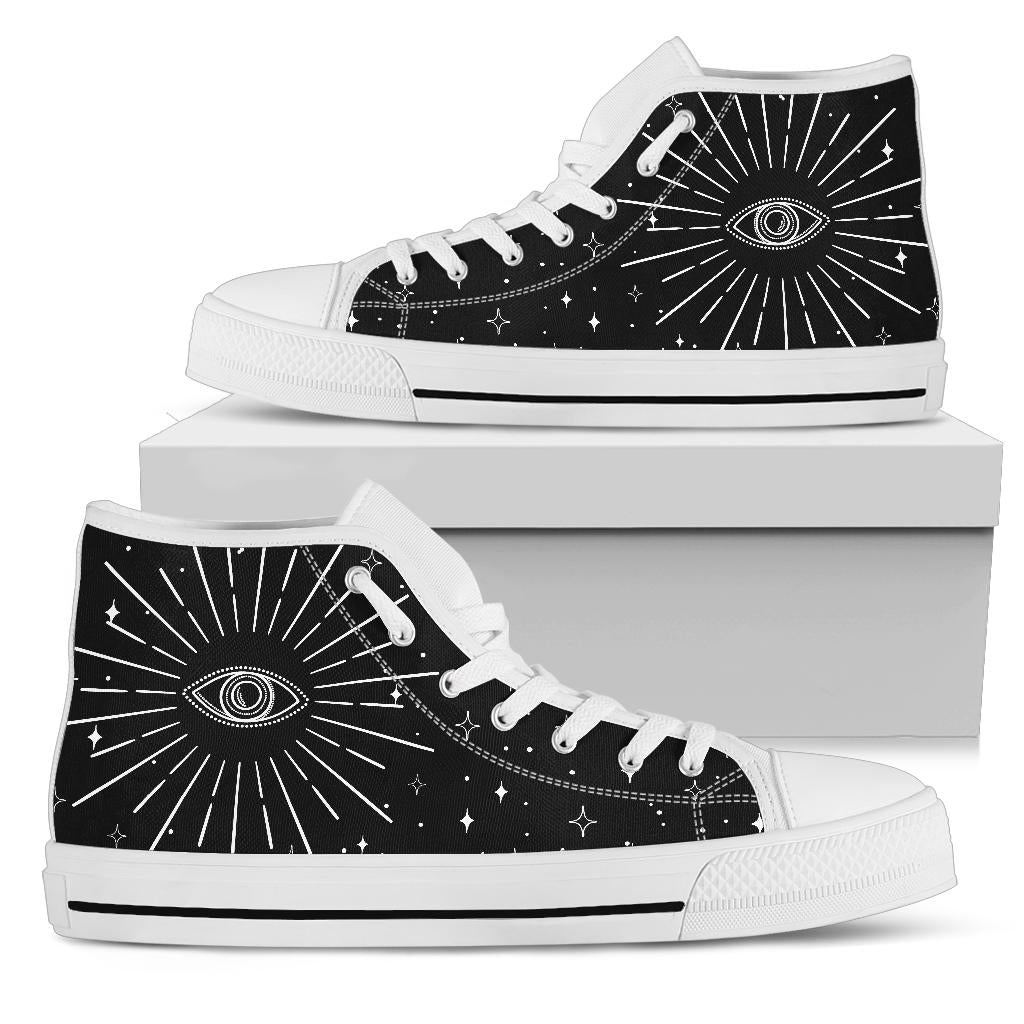 psychic eye shoes, black high top sneakers, witchy shoes