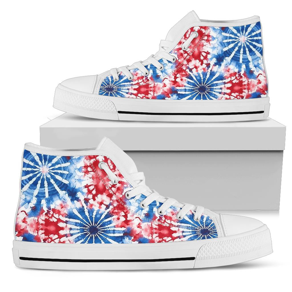 patriotic tie dye shoes, high top sneakers red white blue