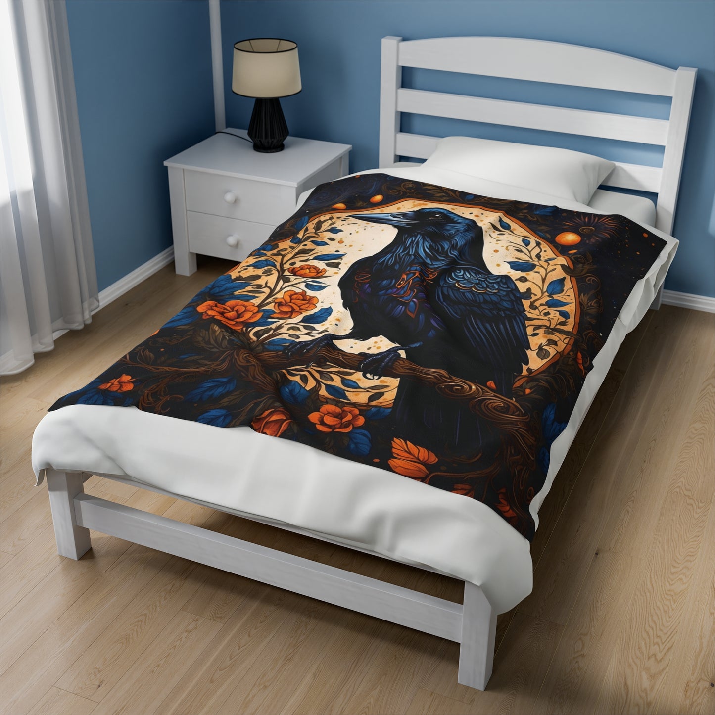 Raven with Orange Flowers Velveteen Plush Blanket