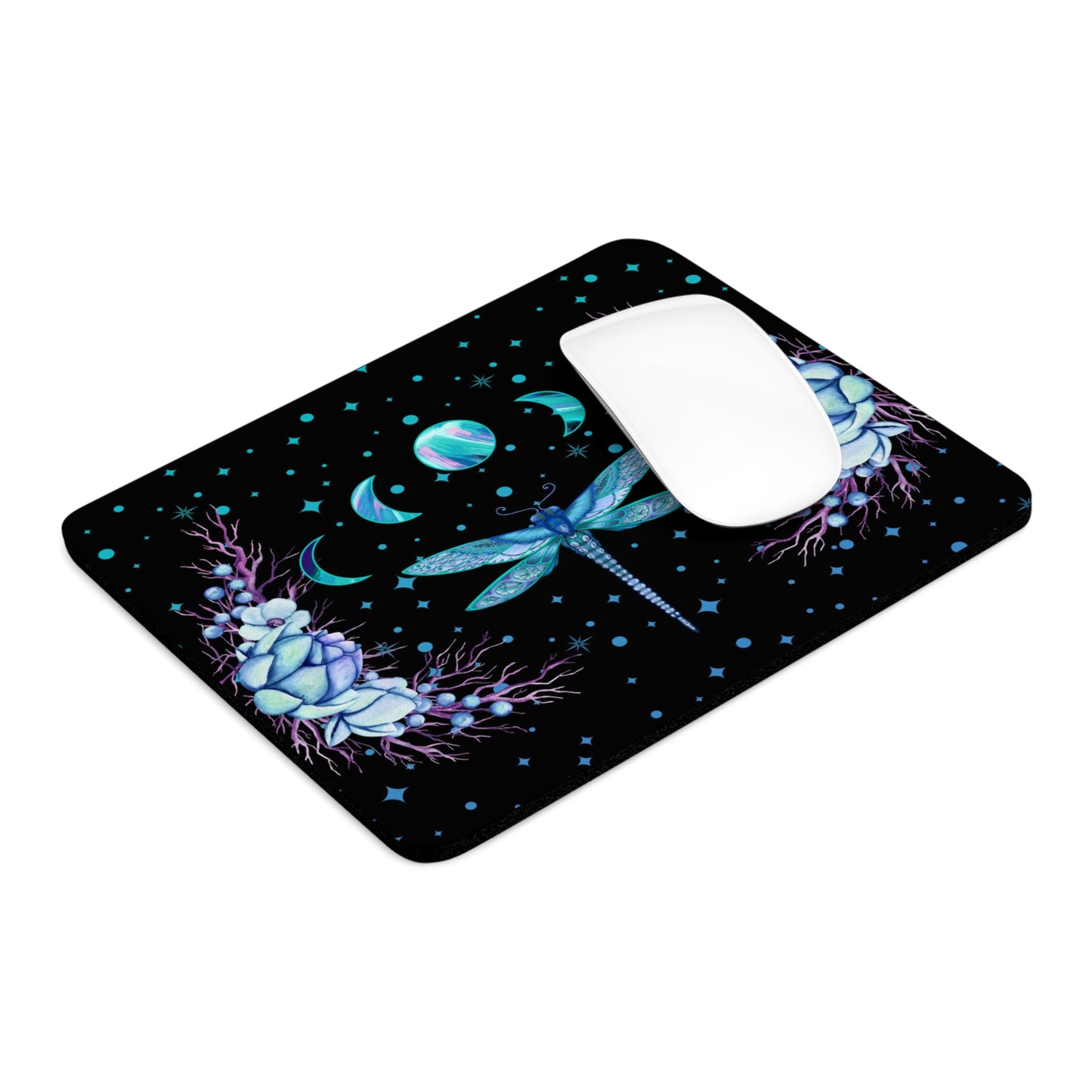 Blue Dragonfly Moon Phases Floral Round Mouse Pad