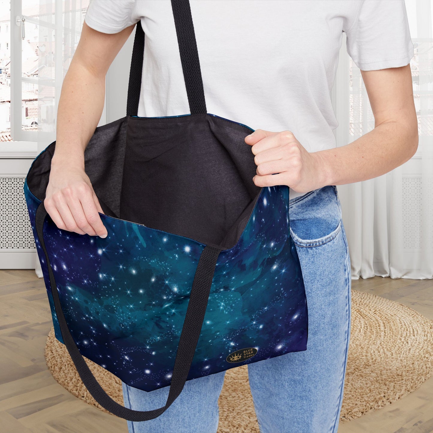 Blue Galaxy Weekender Bag, 24 Inch Large Tote with Black Lining, Celestial Stars Beach Bag