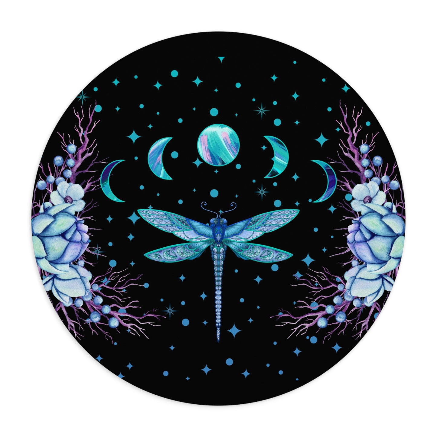 Blue Dragonfly Moon Phases Floral Round Mouse Pad