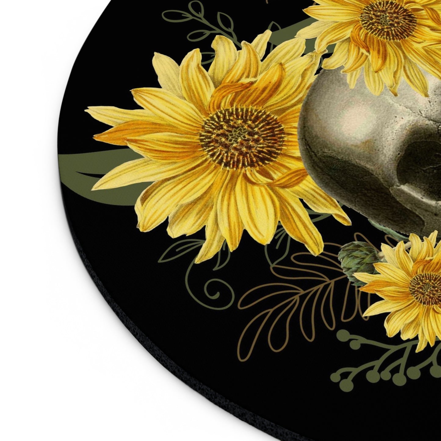 Gothic Skull and Sunflowers Mouse Pad (Round or Rectangle) Cute Goth Floral Office Accessories