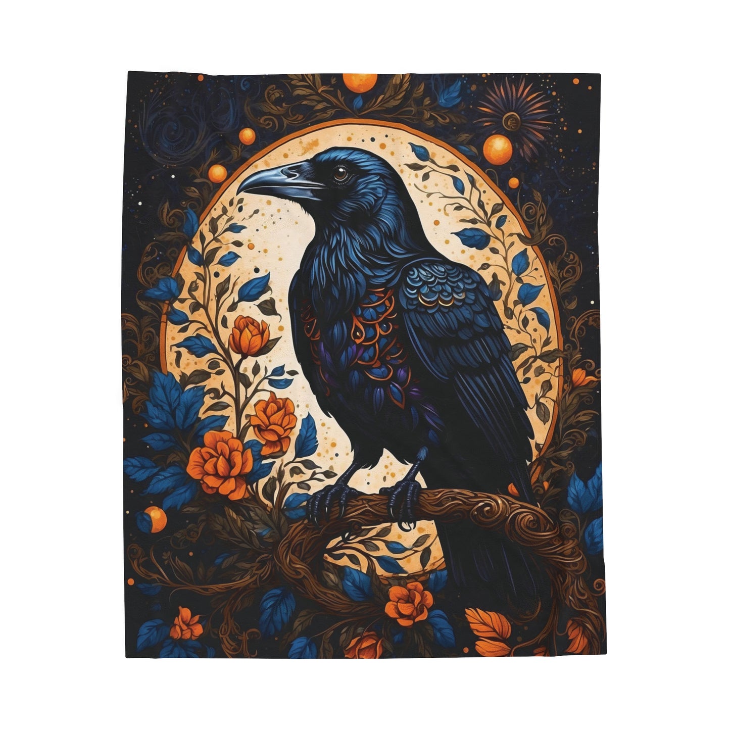 Raven with Orange Flowers Velveteen Plush Blanket