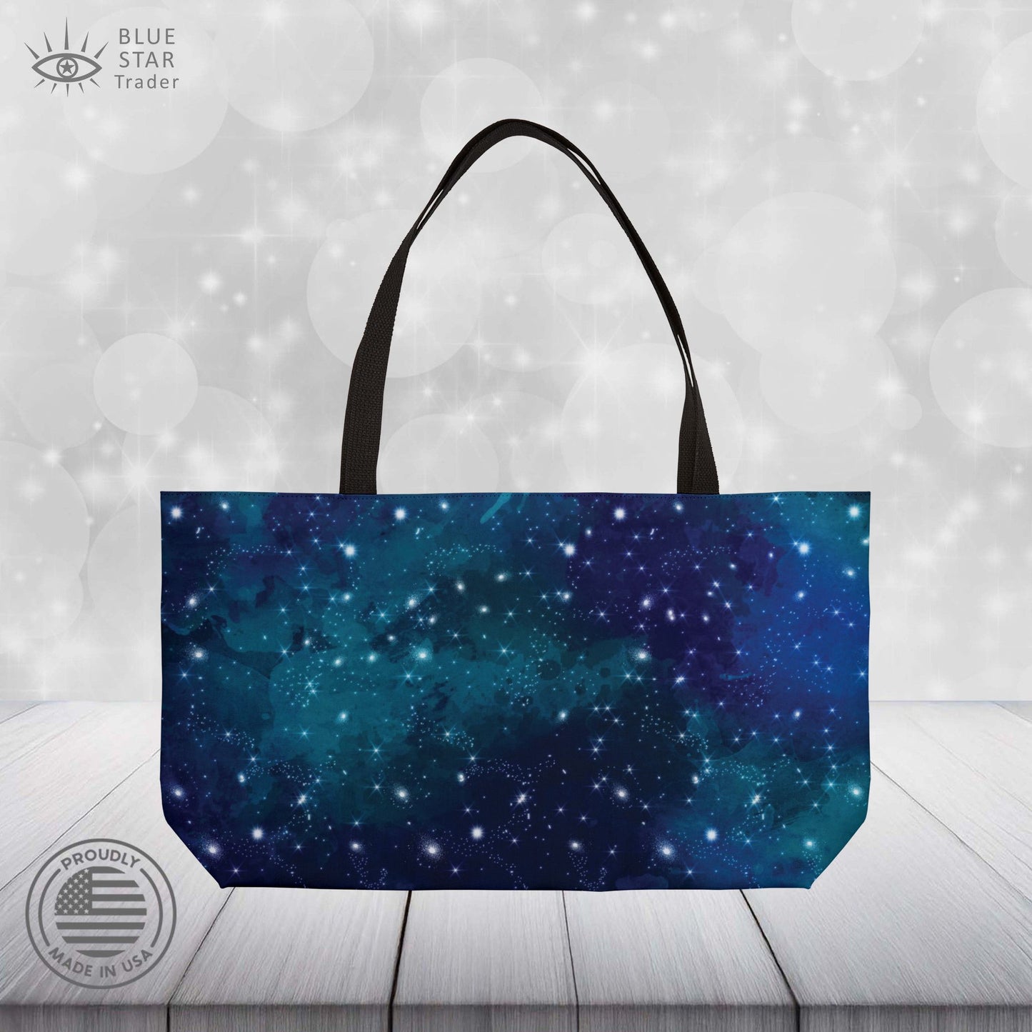 Blue Galaxy Weekender Bag, 24 Inch Large Tote with Black Lining, Celestial Stars Beach Bag