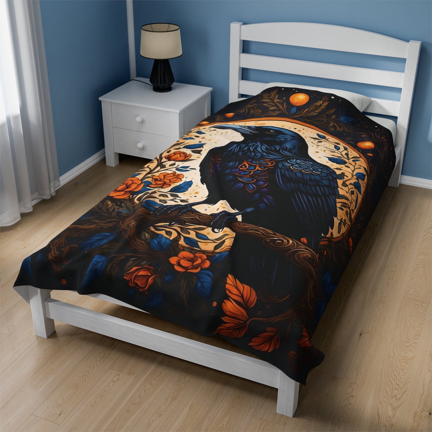 Raven with Orange Flowers Velveteen Plush Blanket