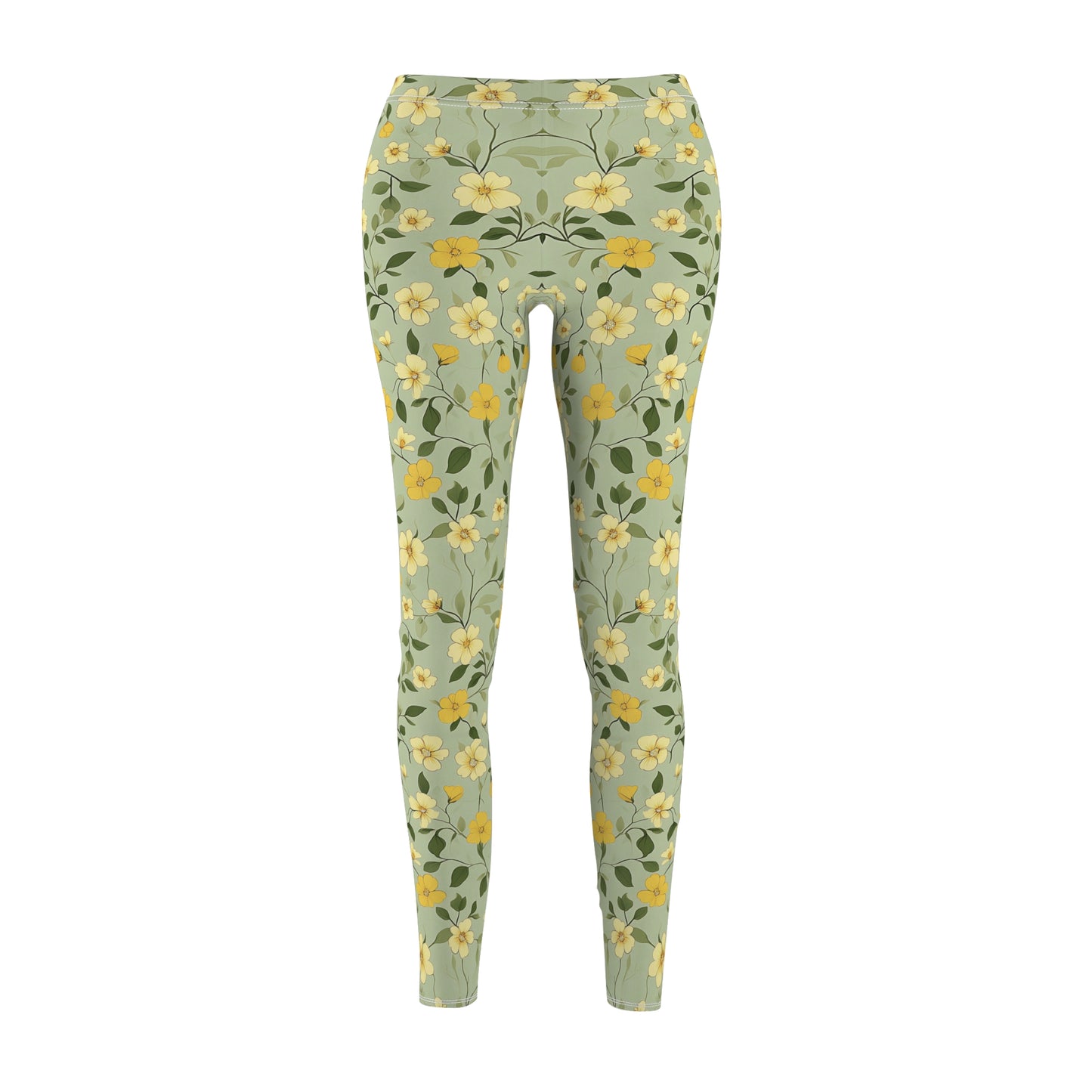 Light Green Spring Floral Leggings, Womens Stretch Pants