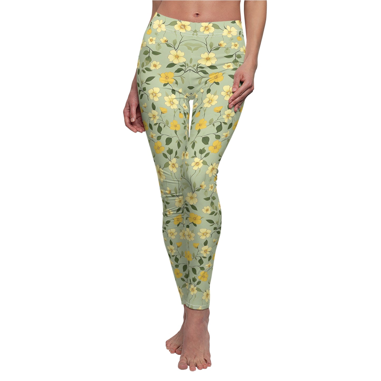 Light Green Spring Floral Leggings, Womens Stretch Pants