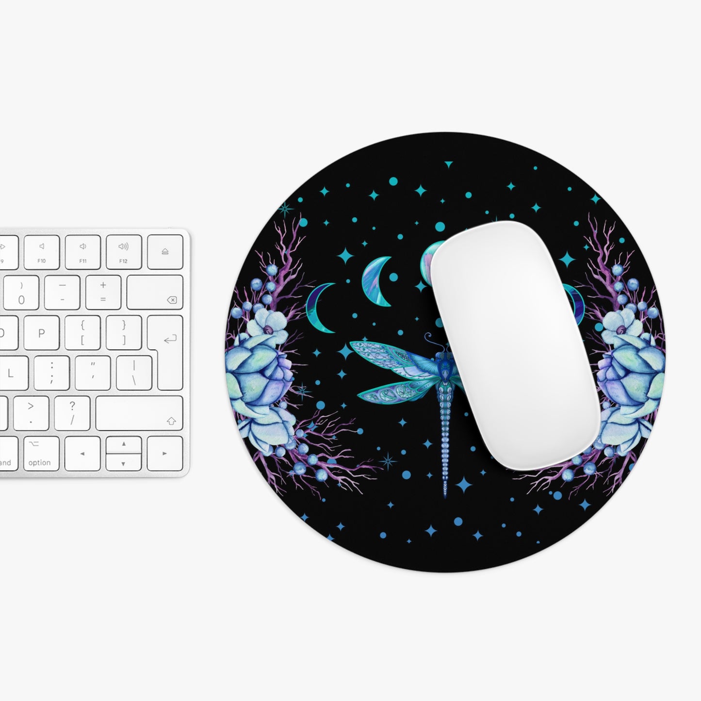 Blue Dragonfly Moon Phases Floral Round Mouse Pad