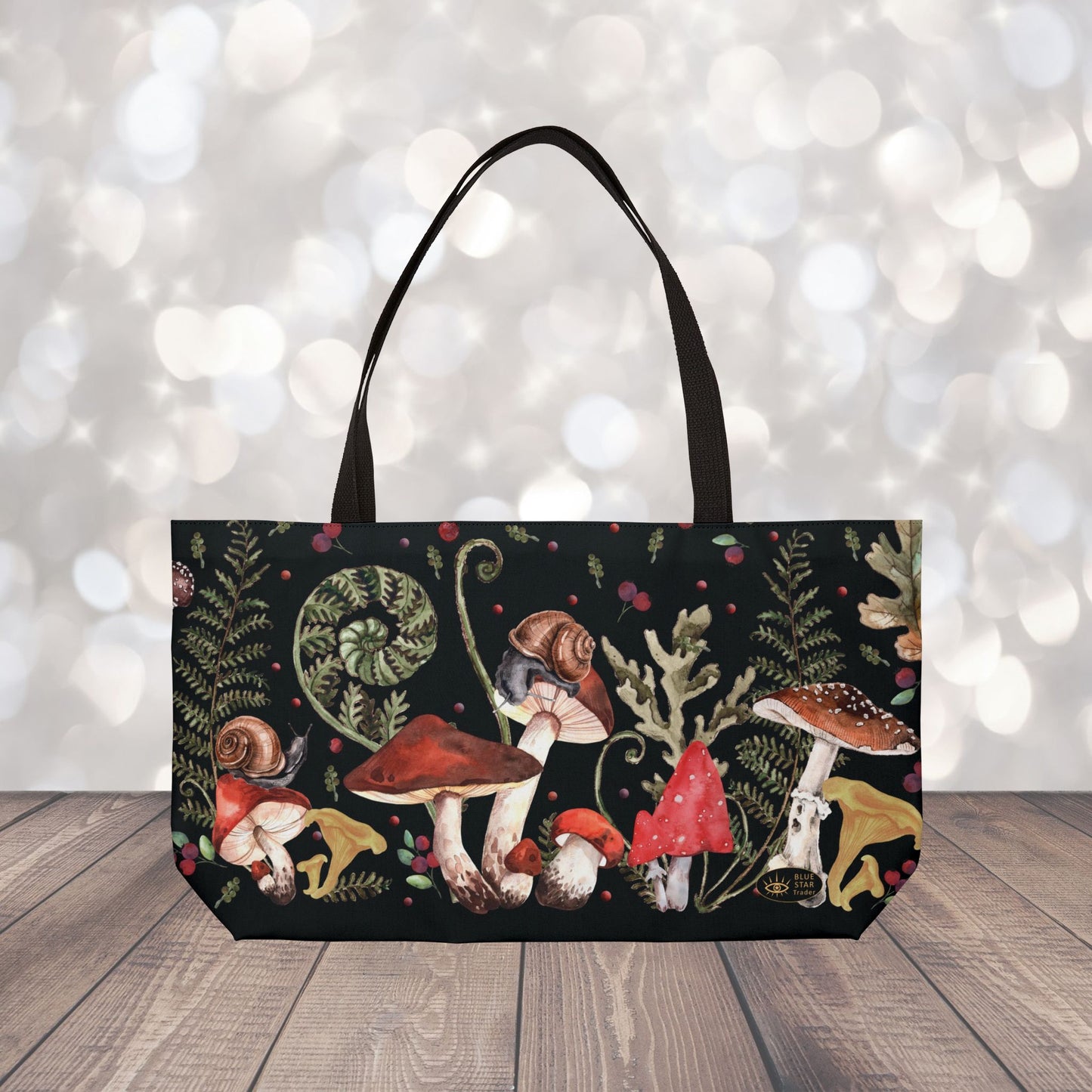 Witchy Mushrooms Weekender Bag, 24 Inch Large Tote with Black Lining, Red Mushroom Travel Bag, Beach Bag, Overnight Bag