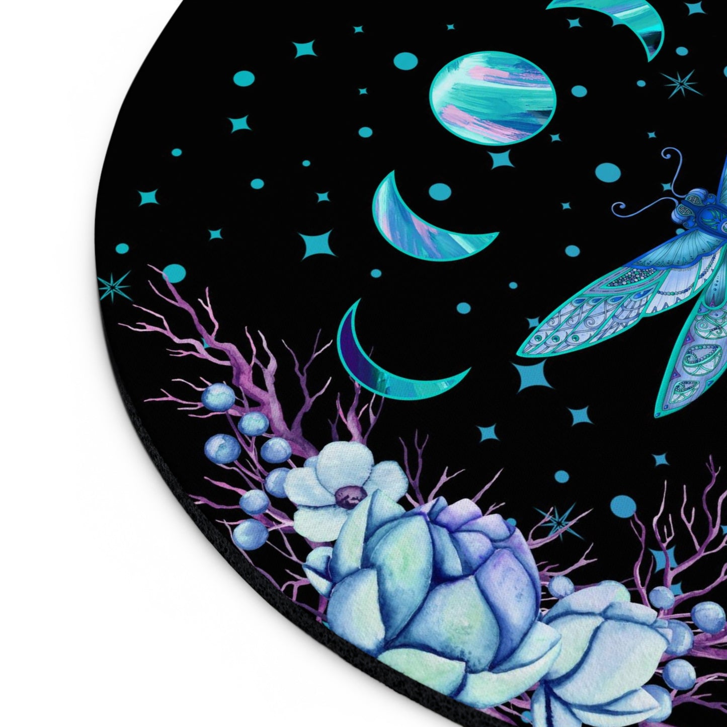 Blue Dragonfly Moon Phases Floral Round Mouse Pad