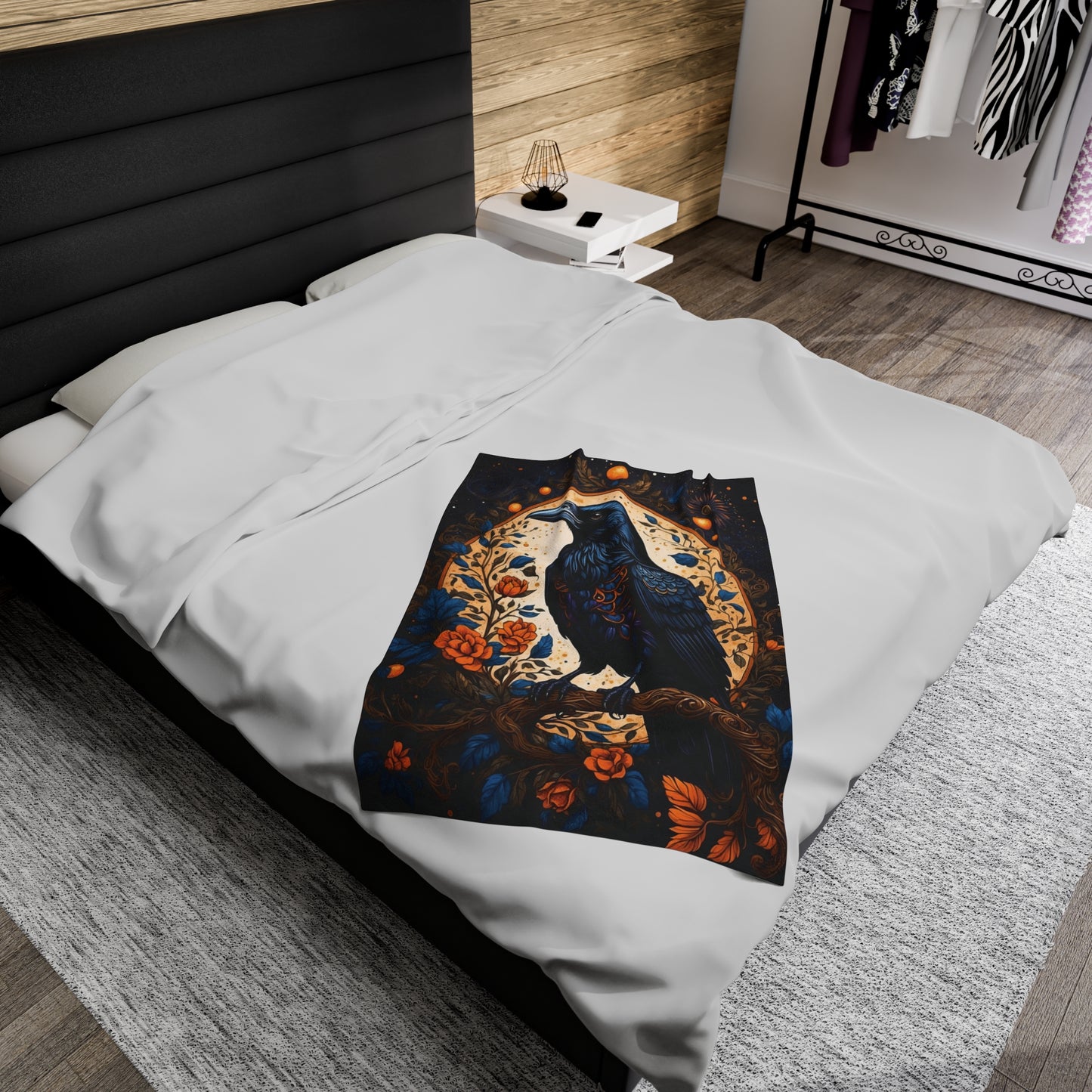 Raven with Orange Flowers Velveteen Plush Blanket