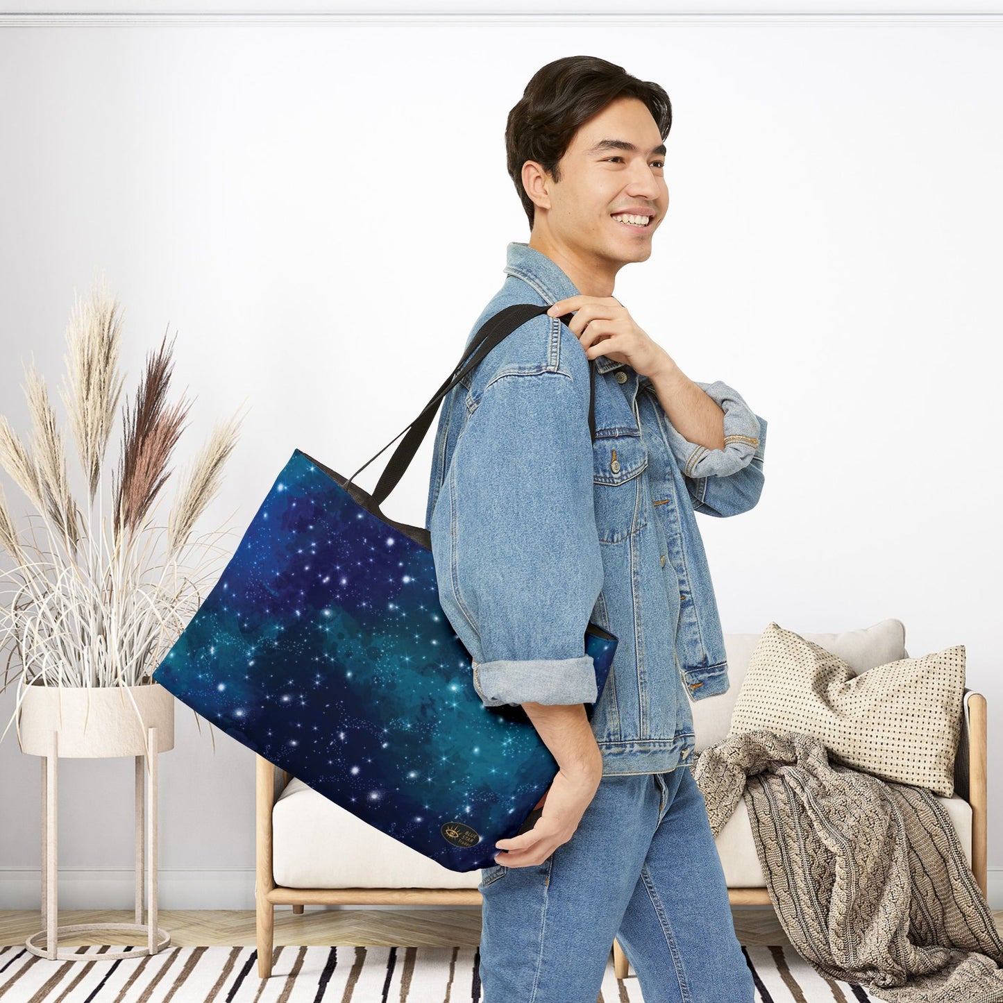 Blue Galaxy Weekender Bag, 24 Inch Large Tote with Black Lining, Celestial Stars Beach Bag