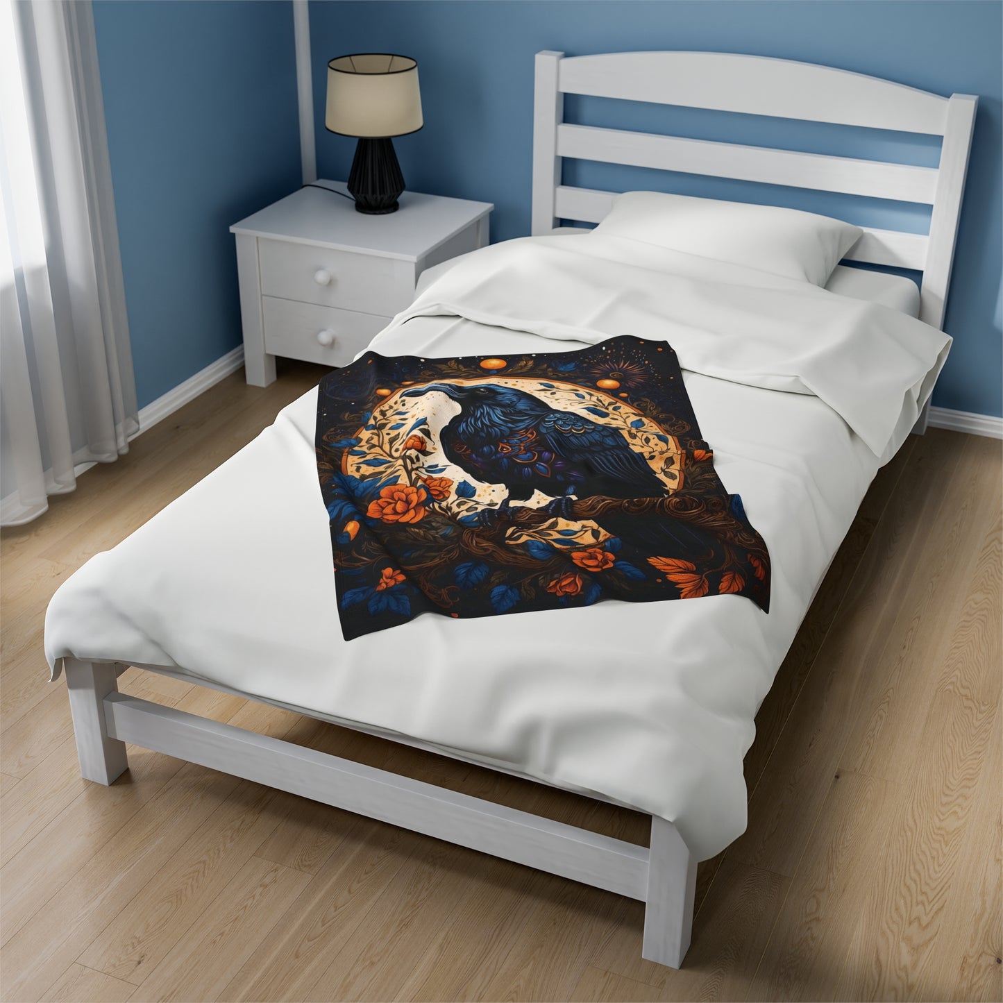 Raven with Orange Flowers Velveteen Plush Blanket