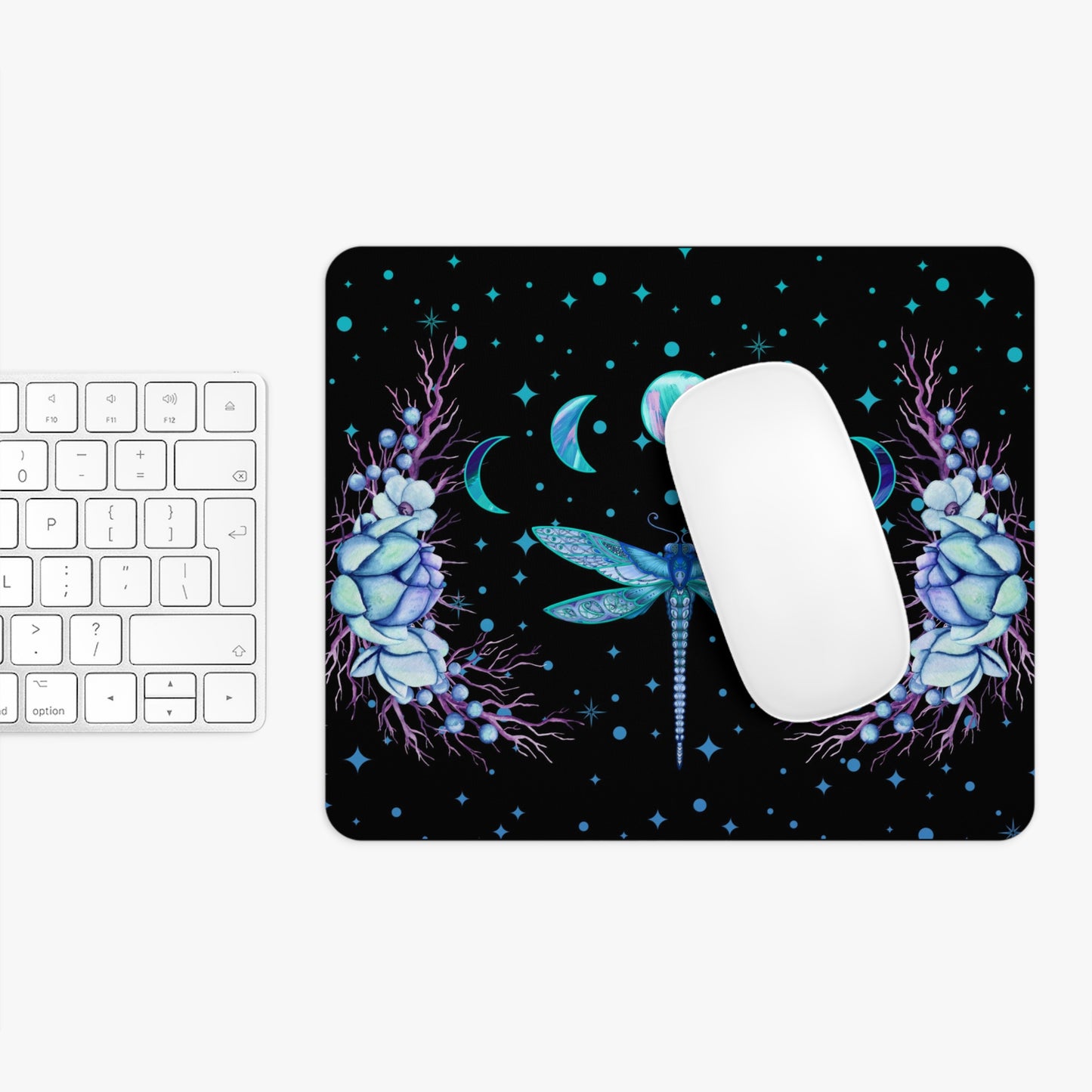 Blue Dragonfly Moon Phases Floral Round Mouse Pad