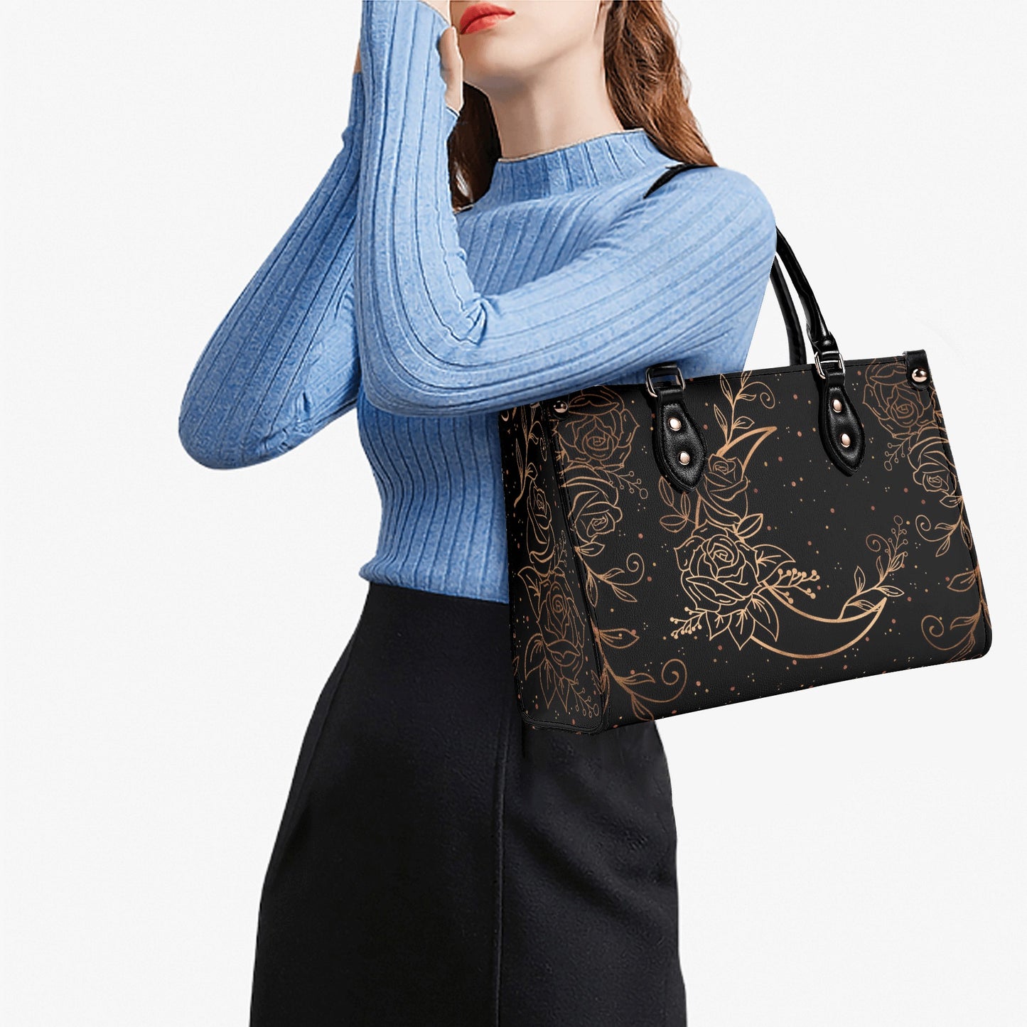 Crescent Moon and Flowers Luxury Womens PU Leather Handbag