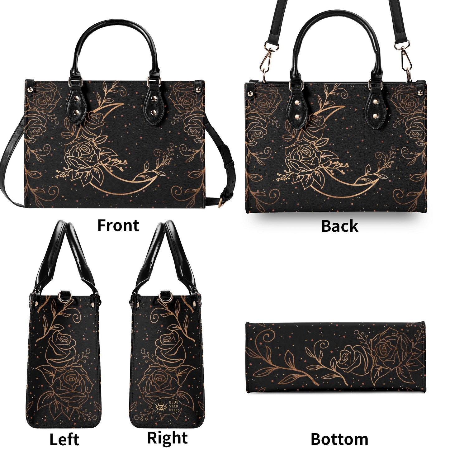 Crescent Moon and Flowers Luxury Womens PU Leather Handbag