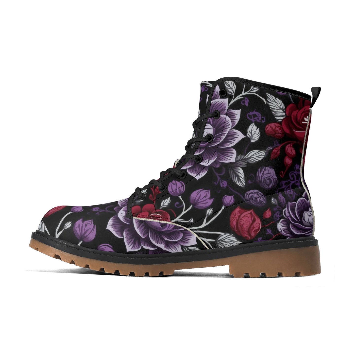 Goth Purple & Red Flowers Womens Luxe Combat Boots