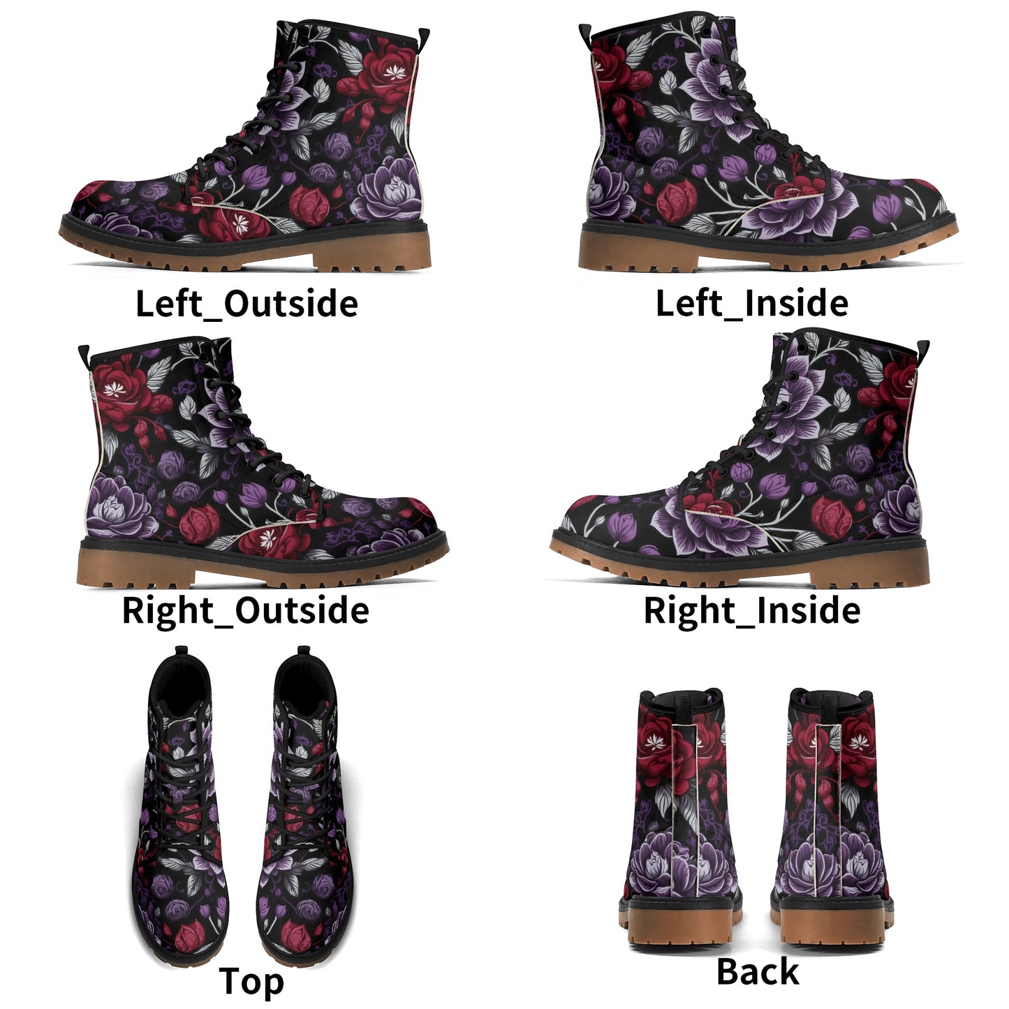 Goth Purple & Red Flowers Womens Luxe Combat Boots