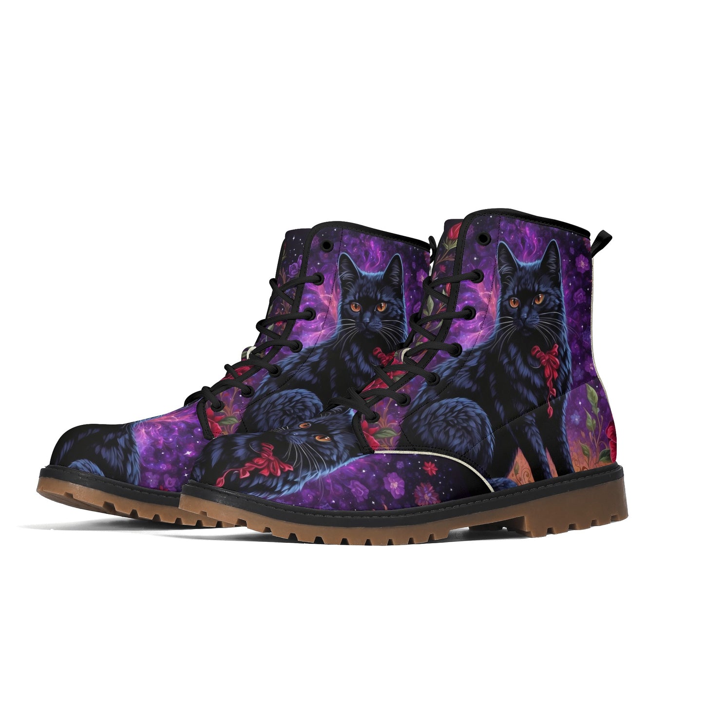 Witchy Black Cat Purple Womens Luxe Combat Boots