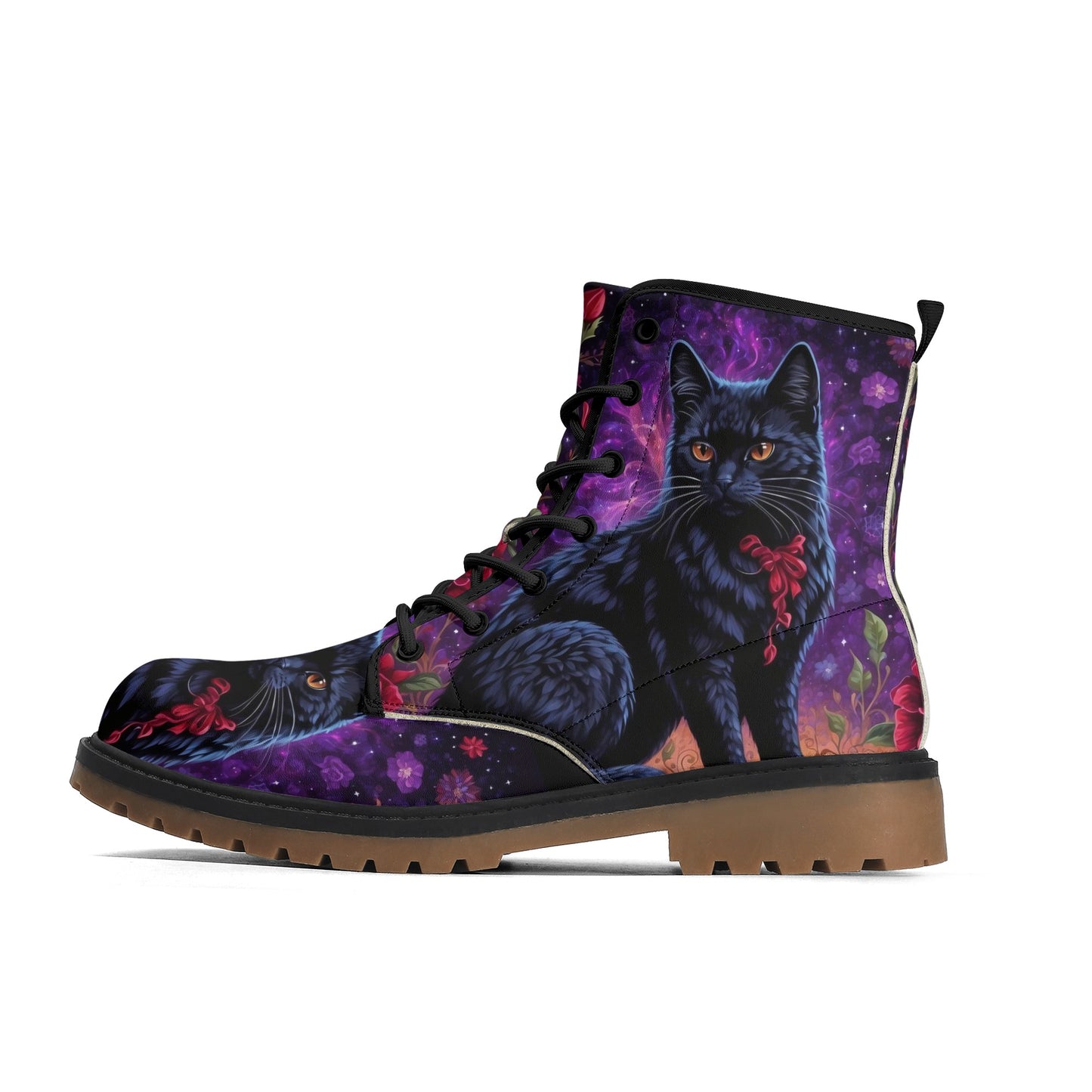 Witchy Black Cat Purple Womens Luxe Combat Boots