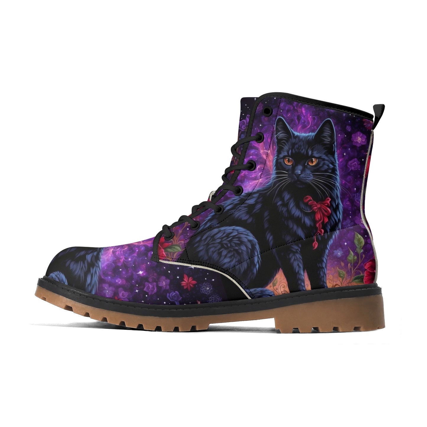 Witchy Black Cat Purple Womens Luxe Combat Boots