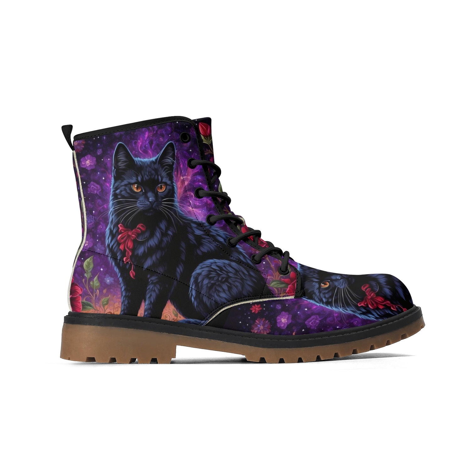 Witchy Black Cat Purple Womens Luxe Combat Boots