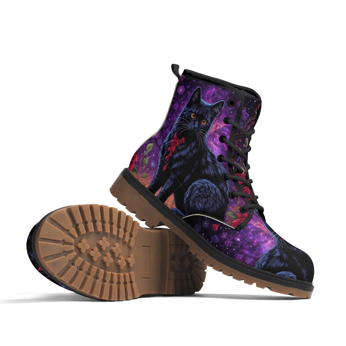 Witchy Black Cat Purple Womens Luxe Combat Boots