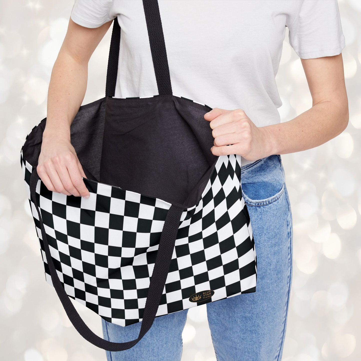 Black White Checkered Weekender Bag, 24 Inch Large Tote with Black Lining, Racing Travel Bag