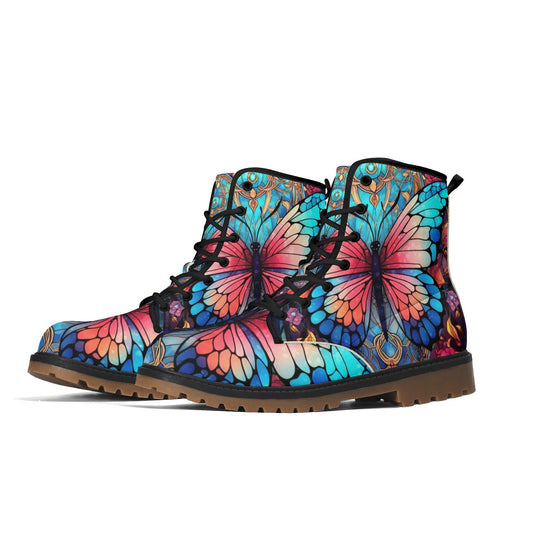 Blue Red Butterfly Stained Glass Womens Combat Boots