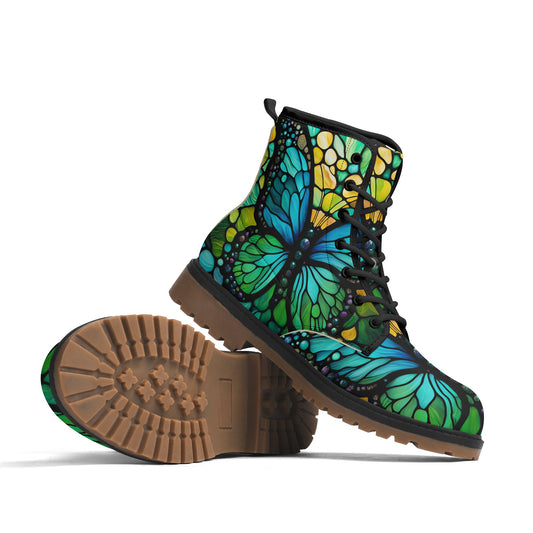 Blue Green Butterfly Stained Glass Womens Combat Boots