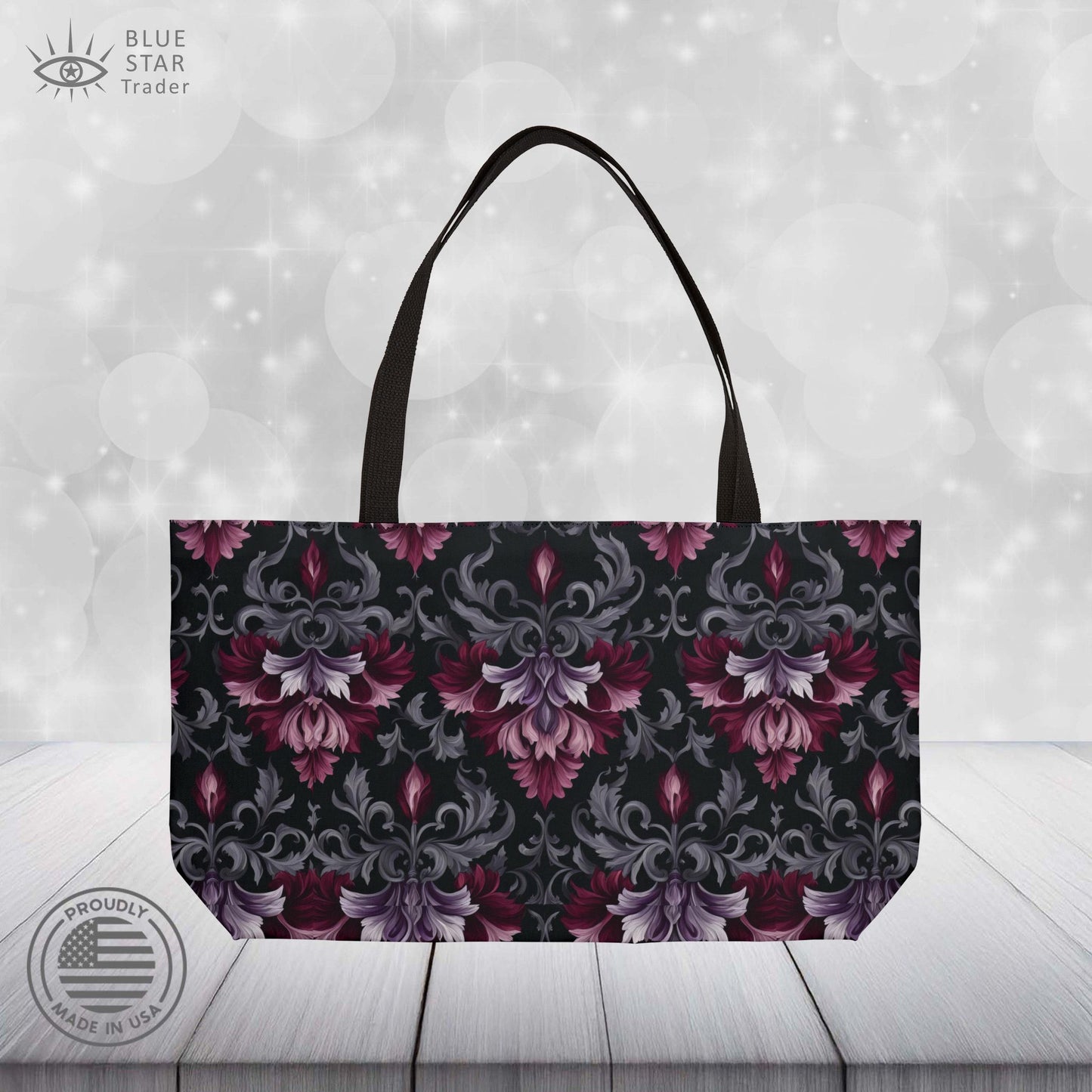 Gothic Red Damask Weekender Bag, Large Goth Floral Tote with Black Lining, Red-Violet Dark Vibes