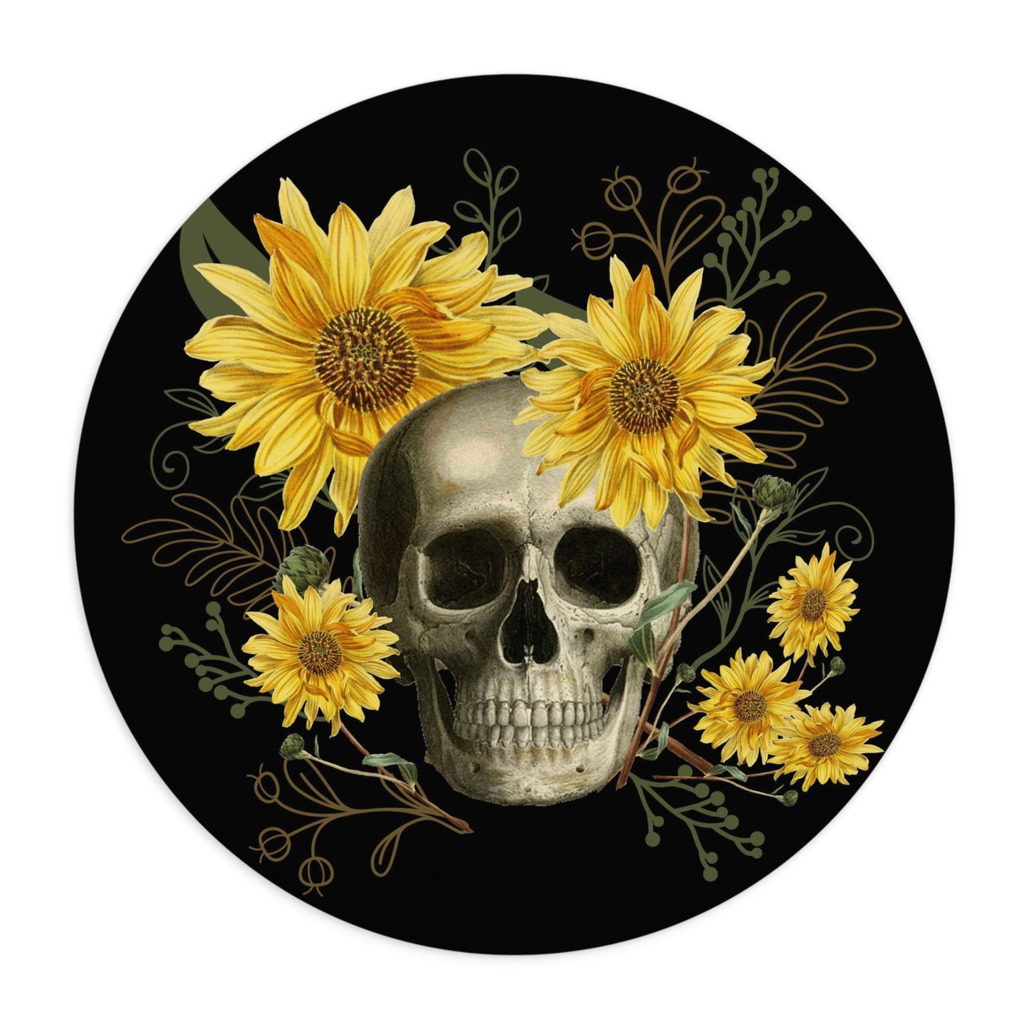 Gothic Skull and Sunflowers Mouse Pad (Round or Rectangle) Cute Goth Floral Office Accessories