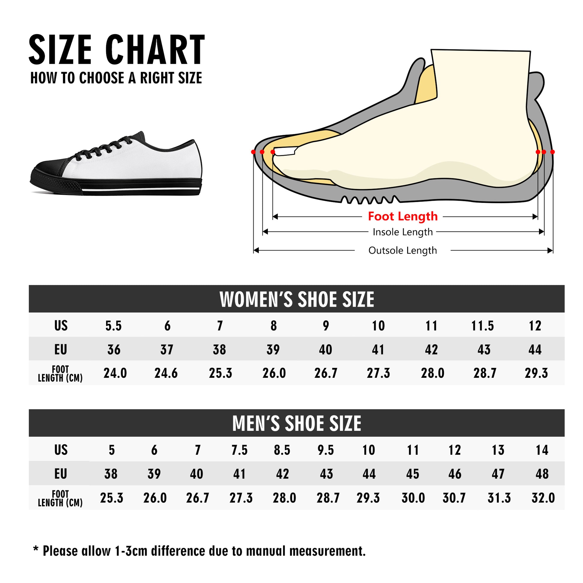 Mens Low Top Canvas Shoes Size Chart