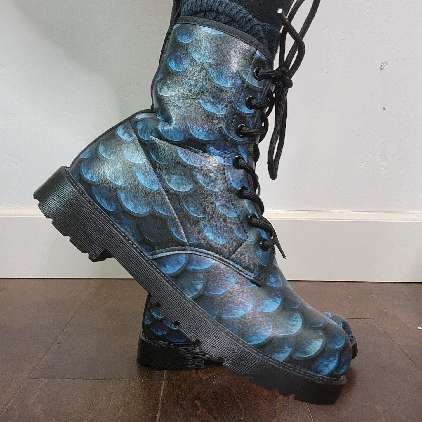Blue Mermaid Fish Scales Vegan Combat Boots Mens Womens