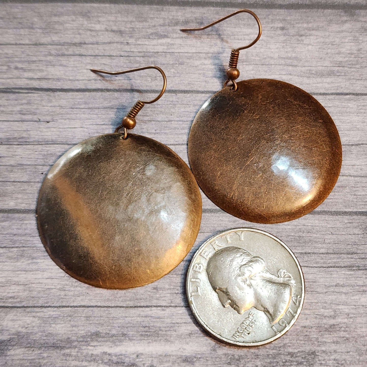 Hammered Copper Disc Earrings, 33mm Circle Earrings, 1.3 Inch Round Dangle Earrings