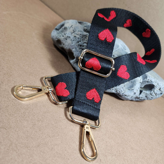 Black and Red Hearts Purse Strap, Bag Strap | 28 - 50 Inch Guitar purse straps
