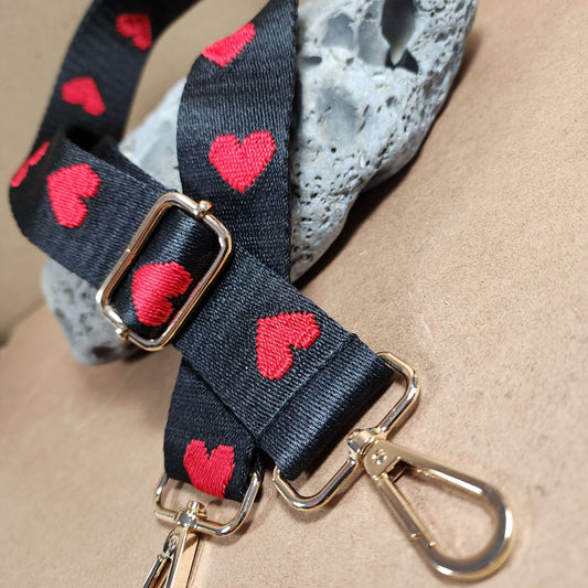 Black and Red Hearts Purse Strap, Bag Strap | 28 - 50 Inch Guitar purse straps