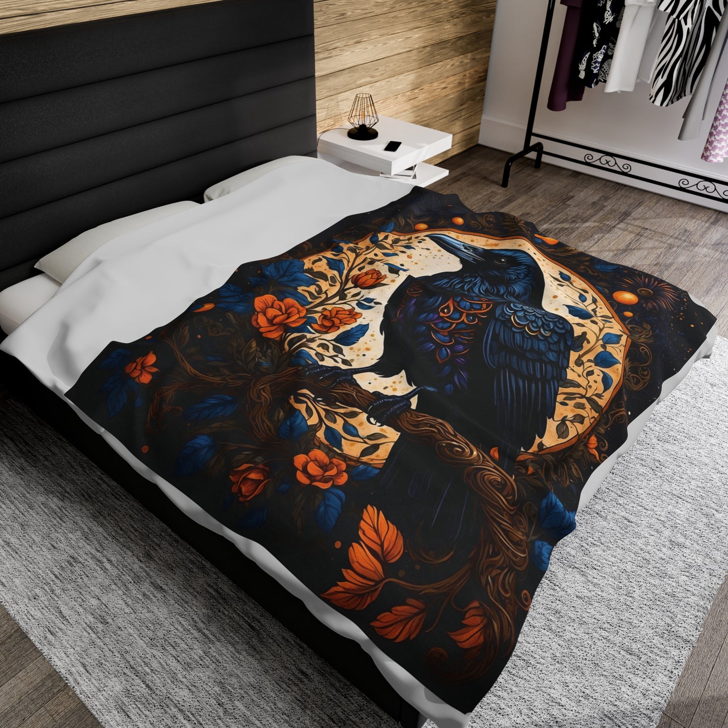 Raven with Orange Flowers Velveteen Plush Blanket