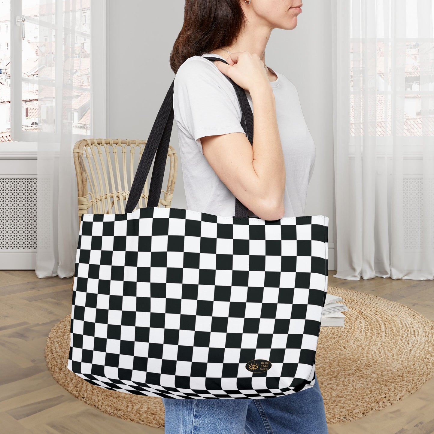 Black White Checkered Weekender Bag, 24 Inch Large Tote with Black Lining, Racing Travel Bag