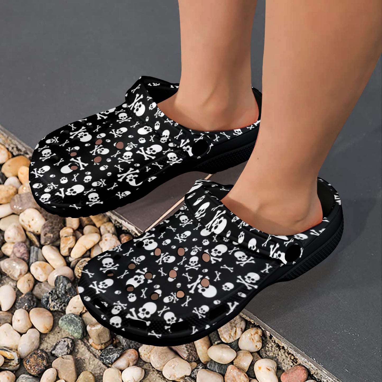 Skulls and Crossbones Clogs, Black Adult Shoes
