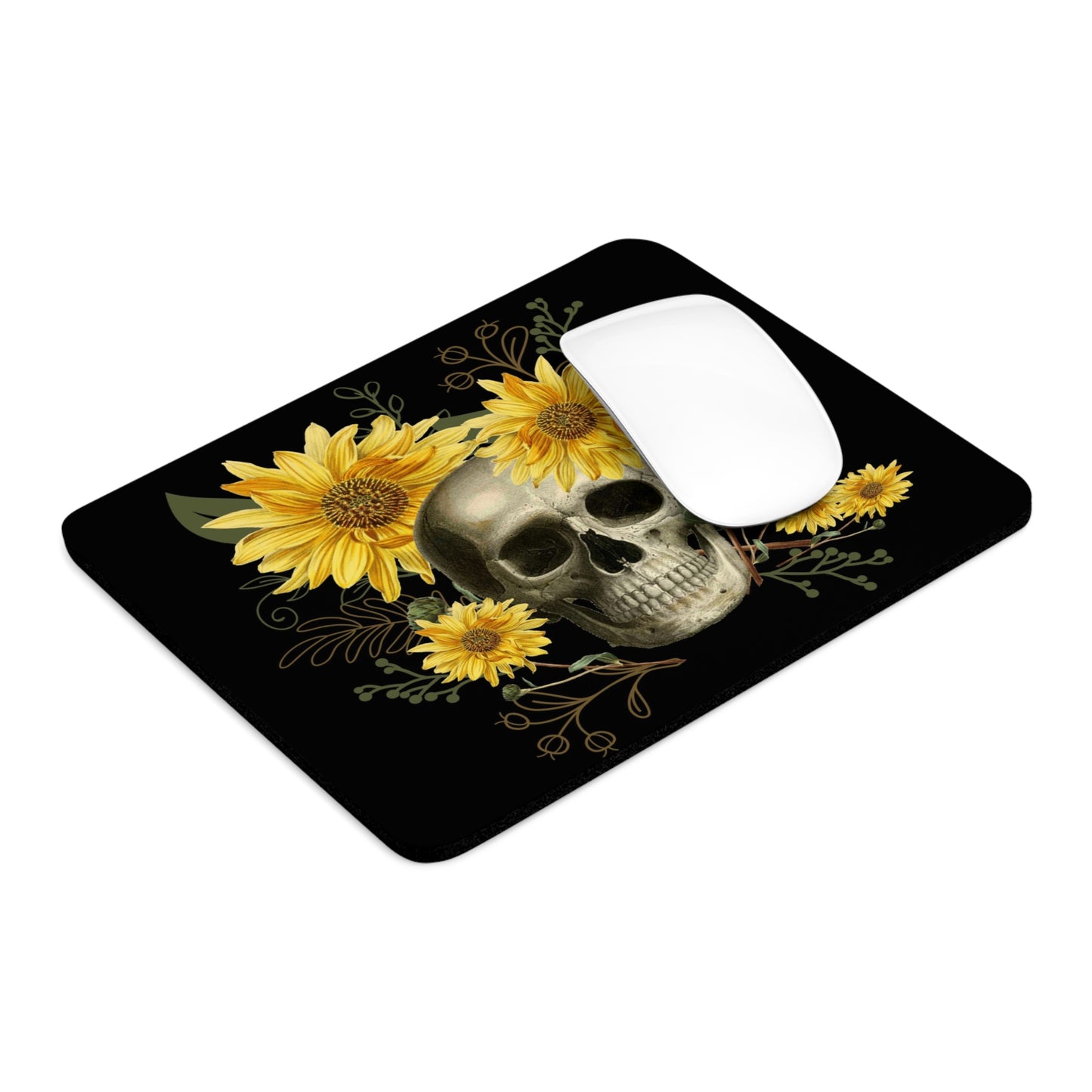 Gothic Skull and Sunflowers Mouse Pad (Round or Rectangle) Cute Goth Floral Office Accessories