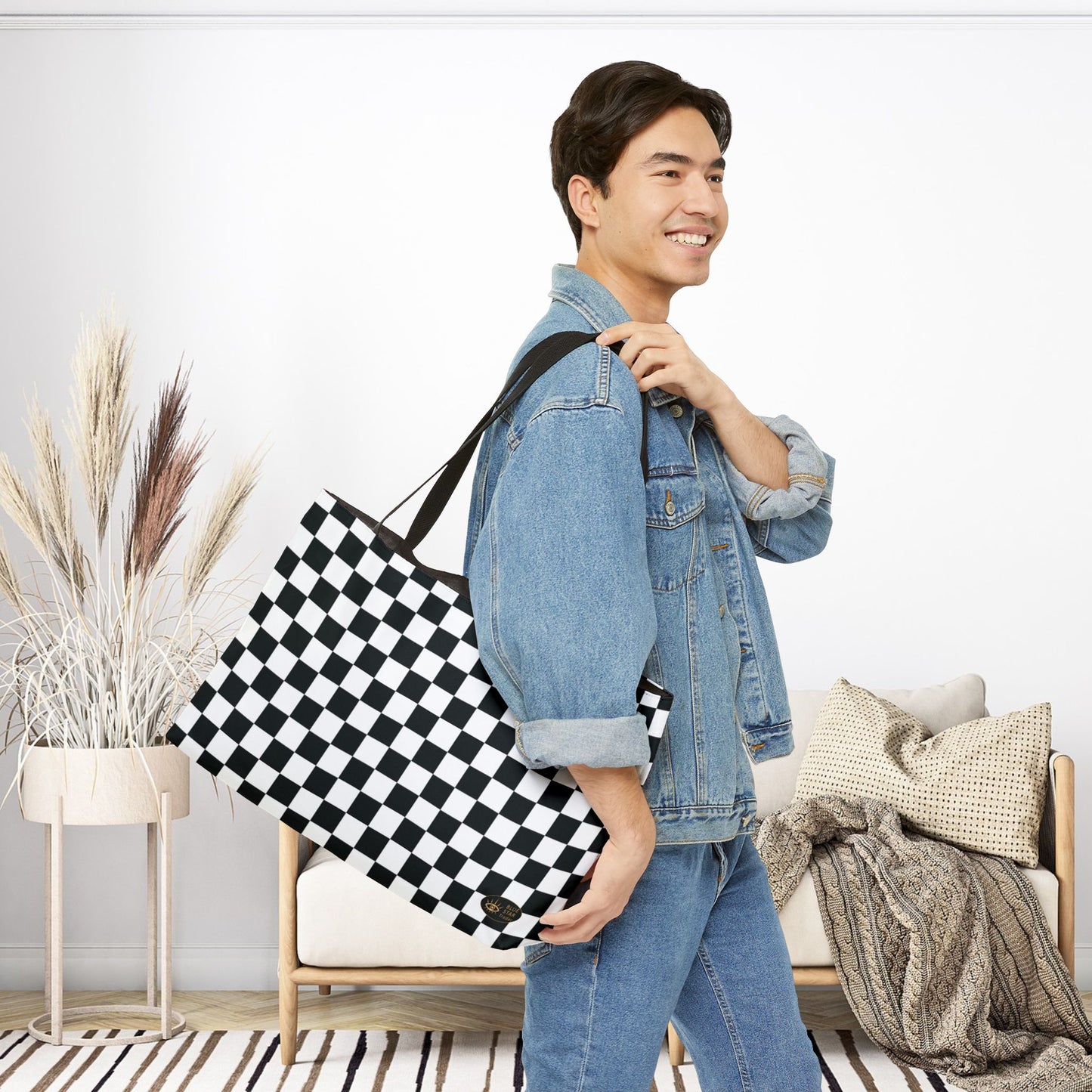 Black White Checkered Weekender Bag, 24 Inch Large Tote with Black Lining, Racing Travel Bag