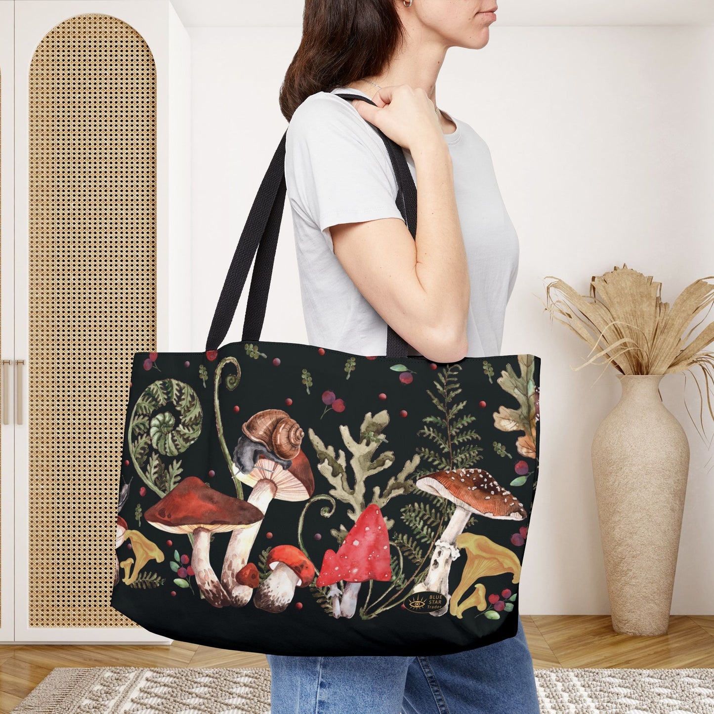 Witchy Mushrooms Weekender Bag, 24 Inch Large Tote with Black Lining, Red Mushroom Travel Bag, Beach Bag, Overnight Bag