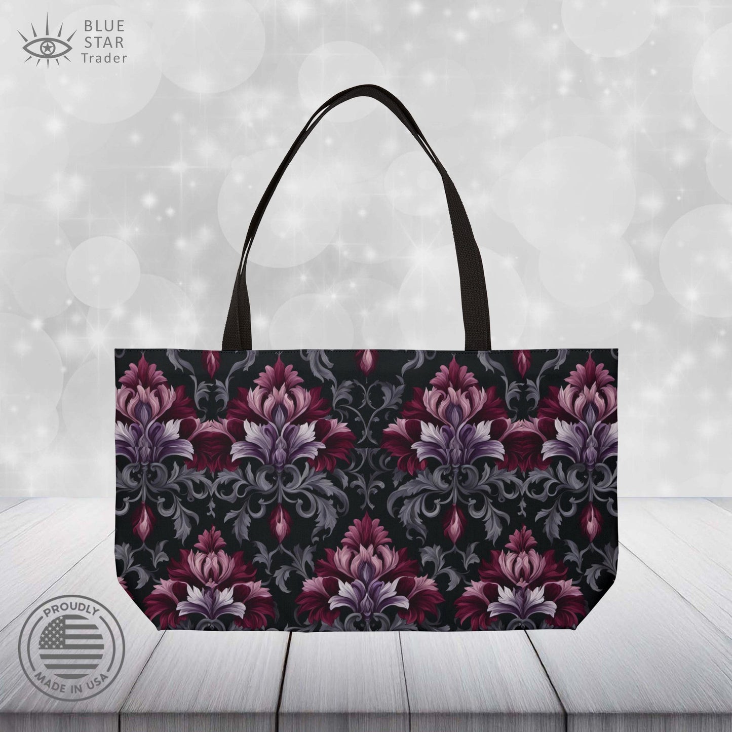 Gothic Red Damask Weekender Bag, Large Goth Floral Tote with Black Lining, Red-Violet Dark Vibes