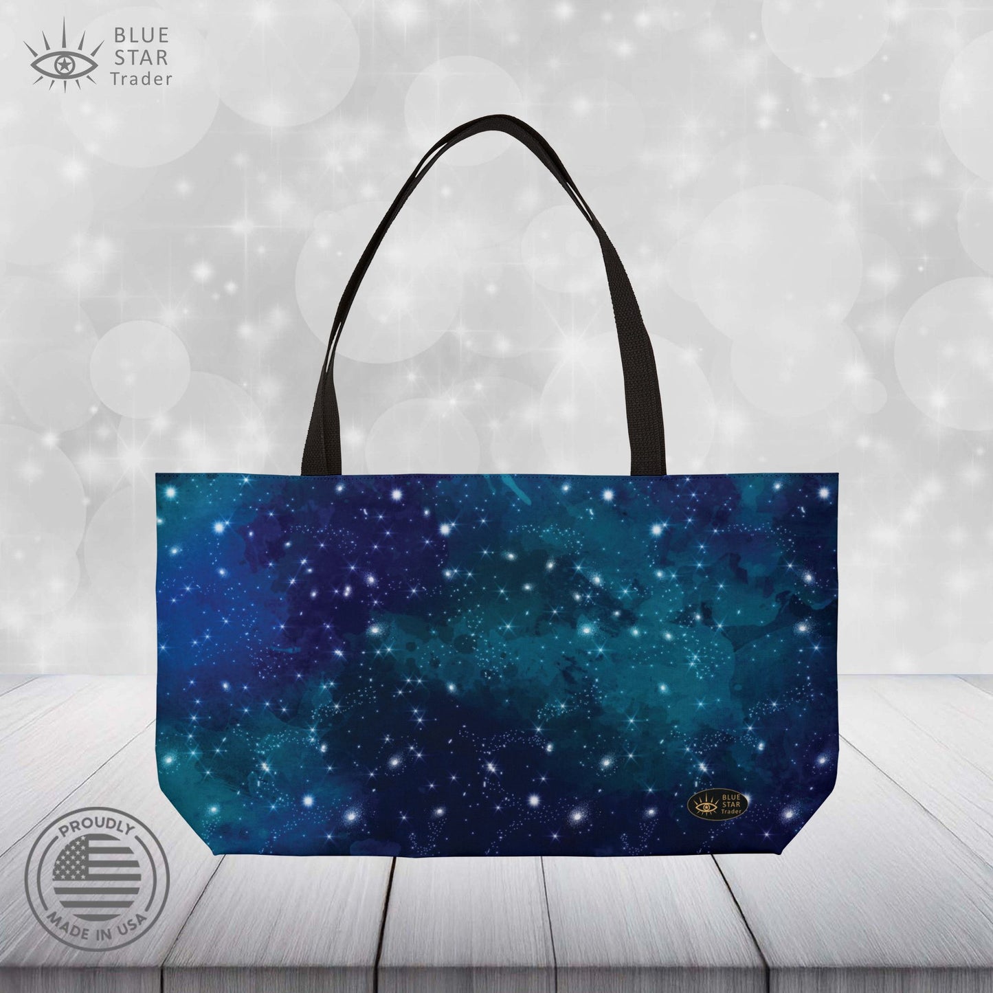 Blue Galaxy Weekender Bag, 24 Inch Large Tote with Black Lining, Celestial Stars Beach Bag