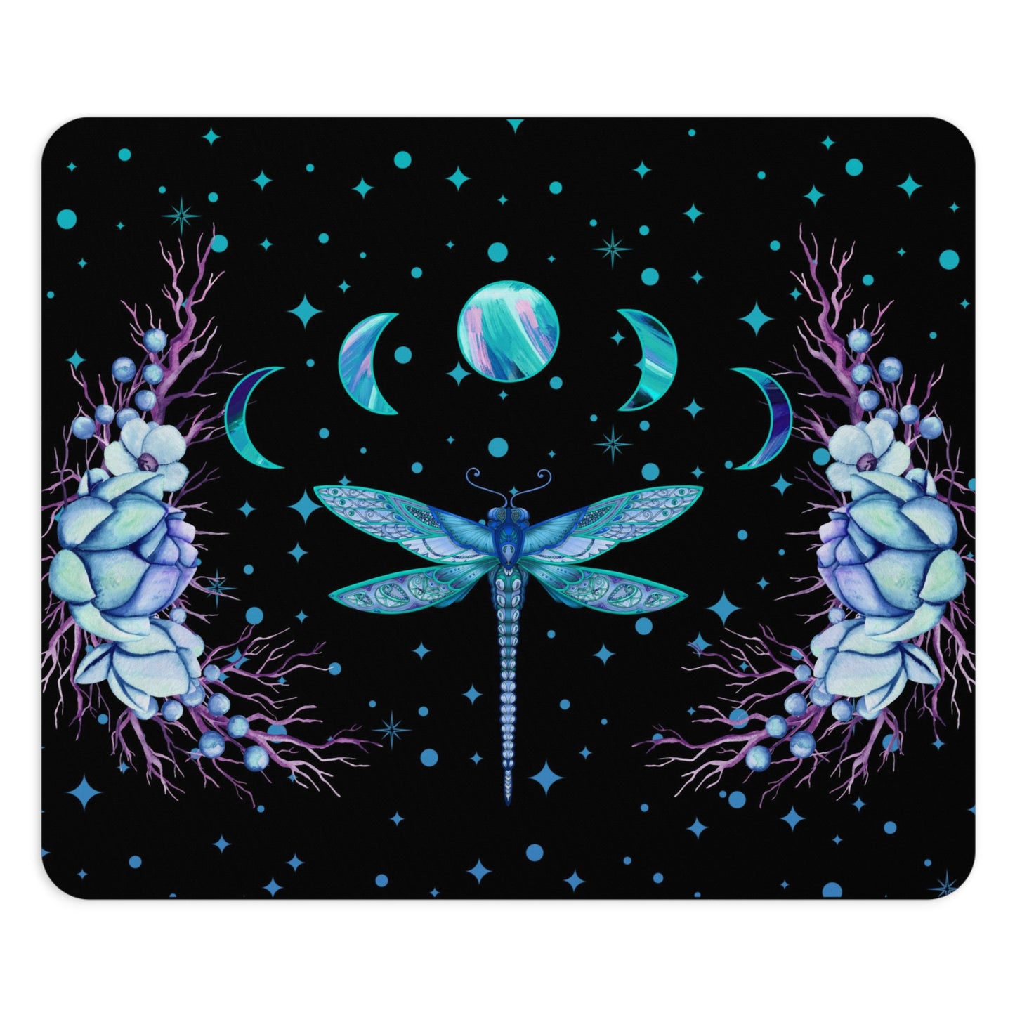 Blue Dragonfly Moon Phases Floral Round Mouse Pad