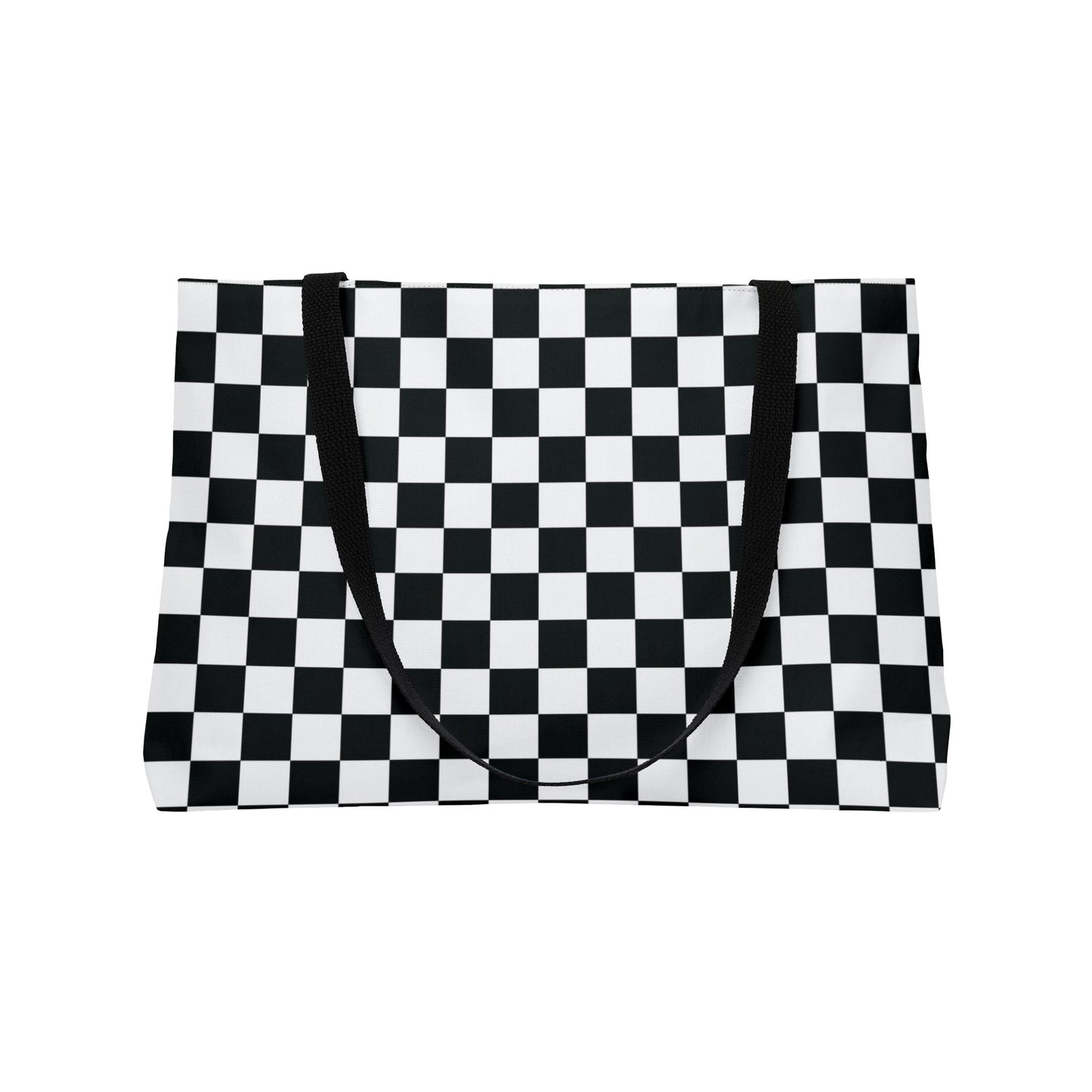 Black White Checkered Weekender Bag, 24 Inch Large Tote with Black Lining, Racing Travel Bag