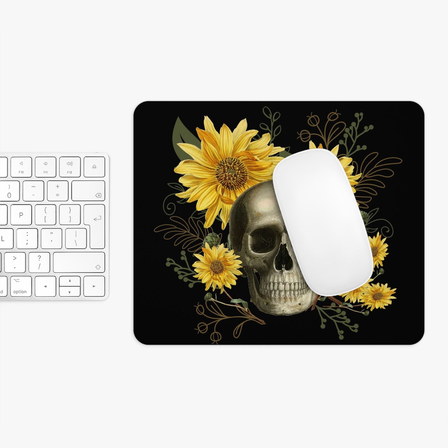 Gothic Skull and Sunflowers Mouse Pad (Round or Rectangle) Cute Goth Floral Office Accessories