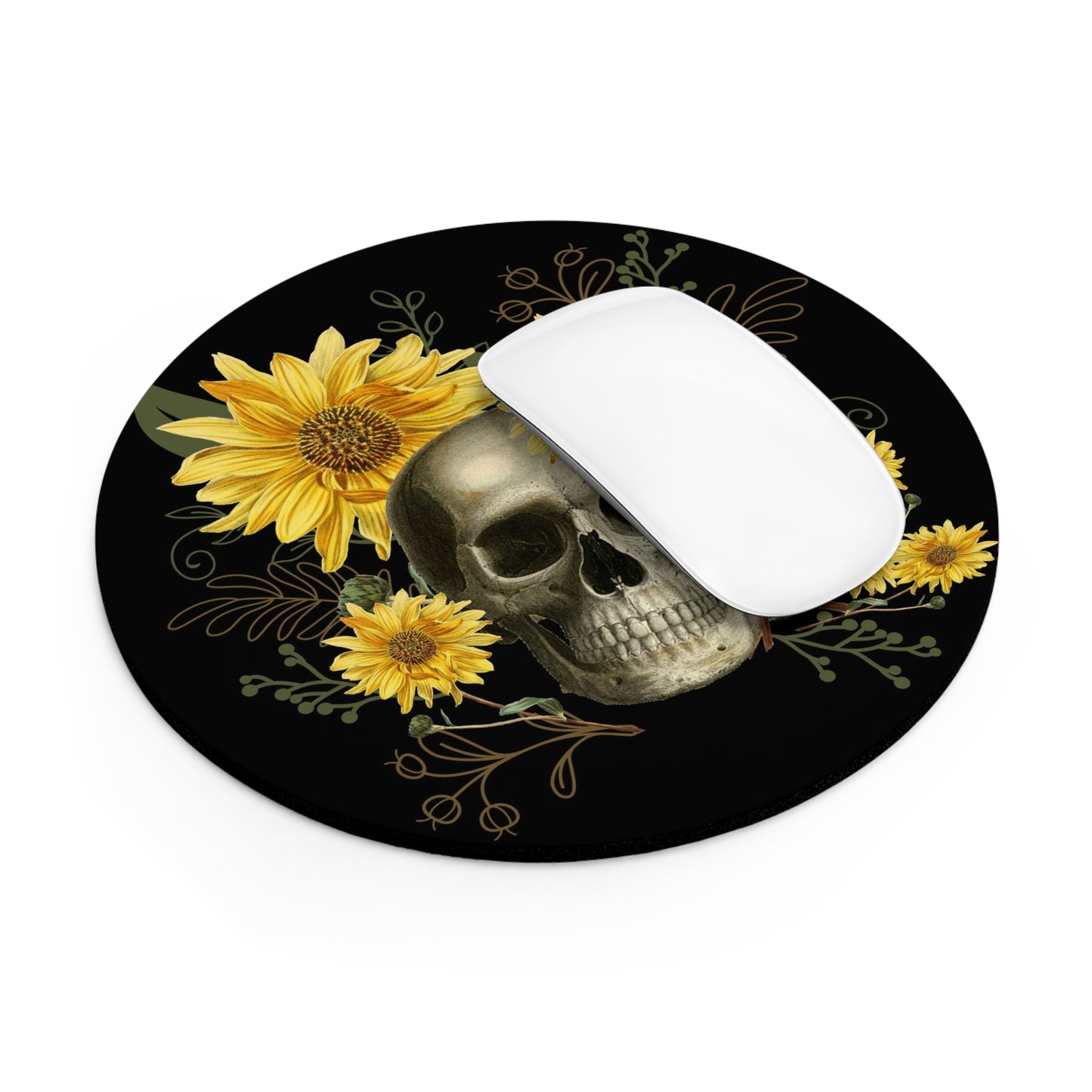 Gothic Skull and Sunflowers Mouse Pad (Round or Rectangle) Cute Goth Floral Office Accessories
